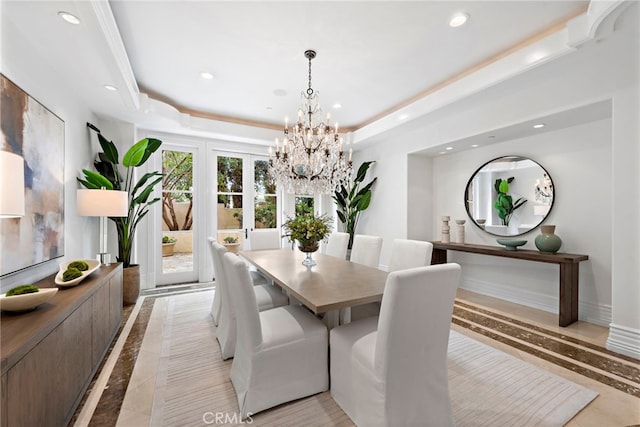 50 Pelican Crest Dr, Newport Coast, CA 92657 - dining space featuring a notable chandelier, baseboards, a raised ceiling, and recessed lighting