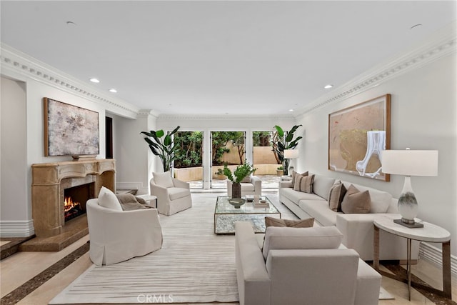 50 Pelican Crest Dr, Newport Coast, CA 92657 - living area featuring crown molding, a premium fireplace, baseboards, and recessed lighting