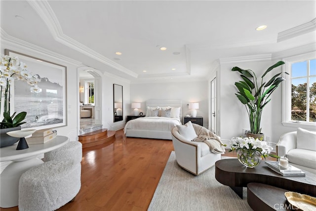50 Pelican Crest Dr, Newport Coast, CA 92657 - bedroom featuring a raised ceiling, recessed lighting, wood finished floors, and crown molding