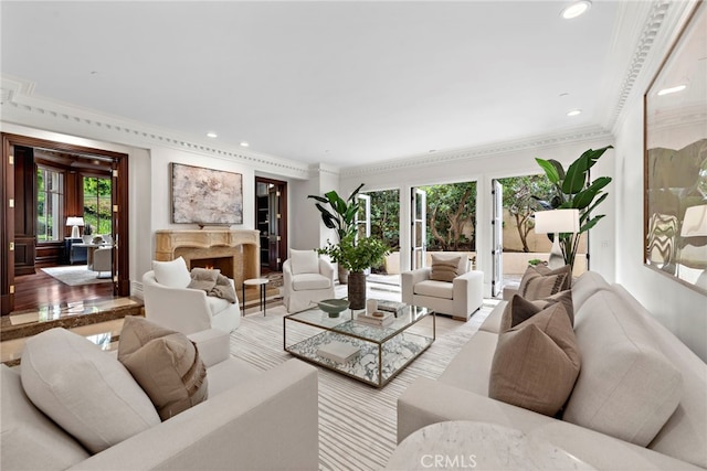 50 Pelican Crest Dr, Newport Coast, CA 92657 - living room featuring ornamental molding, a premium fireplace, and recessed lighting