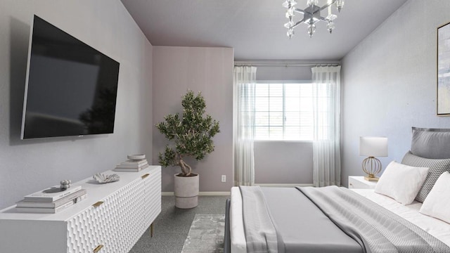 bedroom with carpet floors, baseboards, and an inviting chandelier