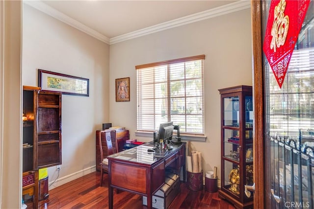 office featuring crown molding, baseboards, and wood finished floors