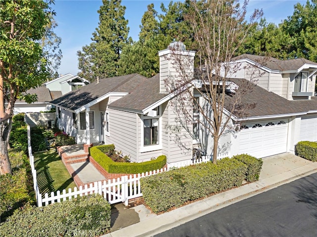 view of front of home with concrete driveway, a shingled roof, a fenced front yard, and an attached garage