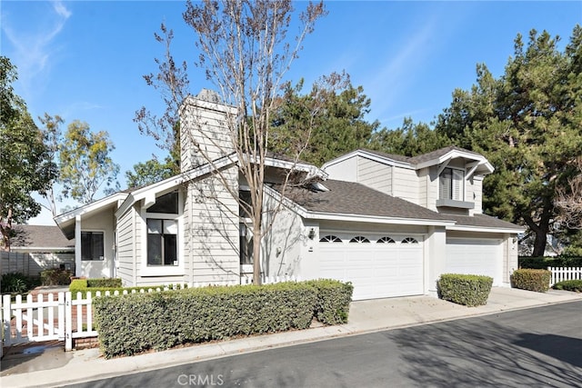 view of front of home featuring an attached garage, fence, driveway, roof with shingles, and a chimney