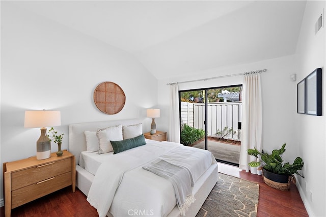 bedroom with lofted ceiling, visible vents, dark wood-type flooring, access to outside, and baseboards