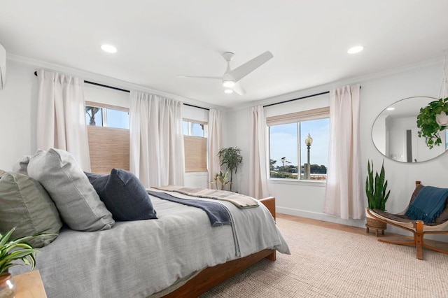 bedroom with ornamental molding, multiple windows, a ceiling fan, and recessed lighting