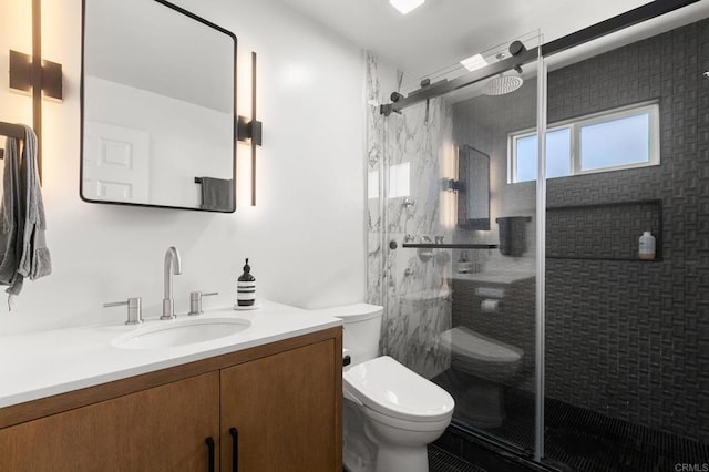 bathroom with vanity, toilet, and a shower stall