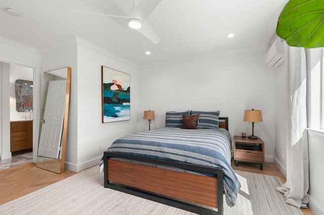 bedroom with ornamental molding, recessed lighting, a wall unit AC, and baseboards