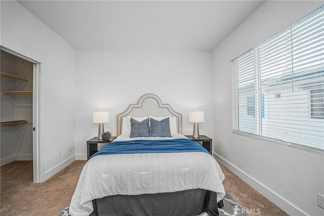 carpeted bedroom with a spacious closet and baseboards