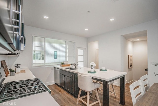 kitchen featuring stainless steel appliances, light wood finished floors, plenty of natural light, and a sink