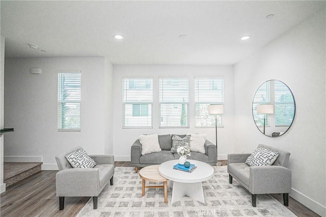 living room featuring a healthy amount of sunlight, baseboards, and wood finished floors