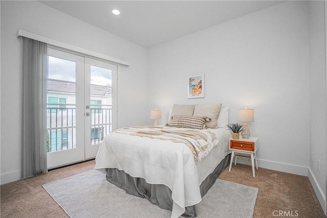 carpeted bedroom with baseboards, french doors, recessed lighting, and access to exterior