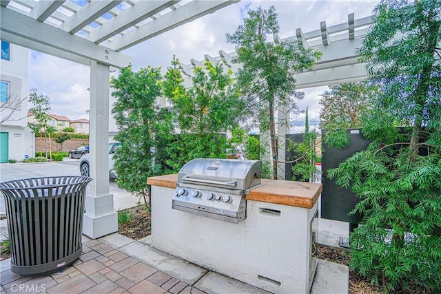 view of patio / terrace with grilling area, an outdoor kitchen, and a pergola