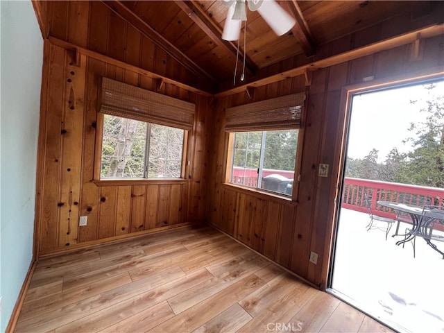 interior space with lofted ceiling with beams, wood ceiling, and ceiling fan