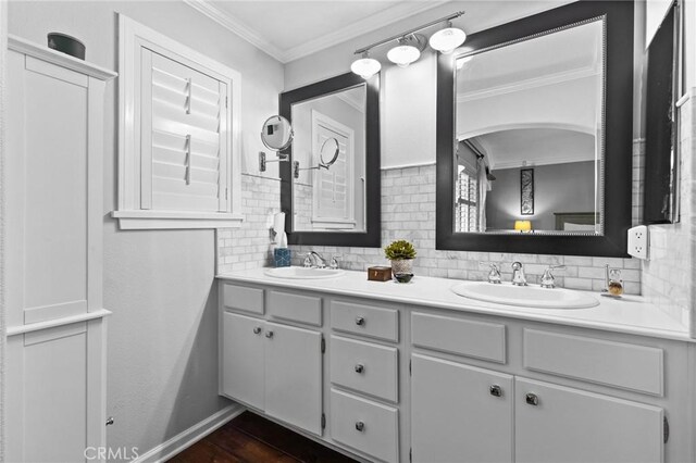 bathroom with tasteful backsplash, crown molding, and a sink