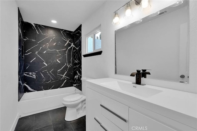 bathroom featuring tile patterned flooring, vanity, toilet, and shower / bathtub combination