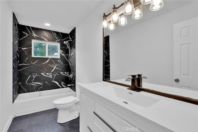 full bathroom featuring washtub / shower combination, vanity, toilet, and tile patterned floors