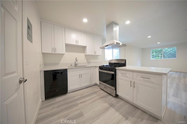 kitchen with dishwasher, a peninsula, stainless steel gas range, ventilation hood, and a sink