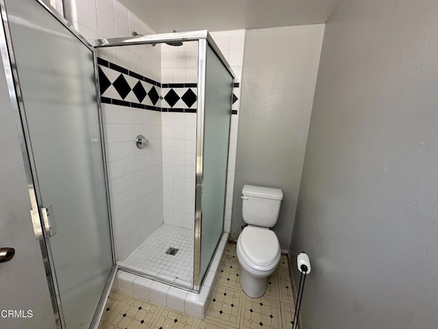 bathroom with a stall shower and toilet