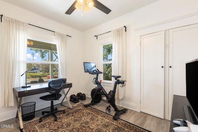 home office with plenty of natural light, wood finished floors, and baseboards