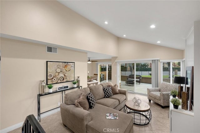 living area featuring light tile patterned floors, baseboards, visible vents, high vaulted ceiling, and recessed lighting