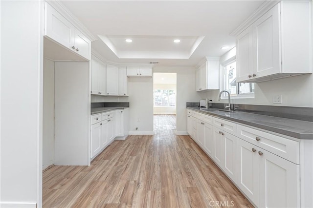 kitchen with a wealth of natural light, dark countertops, a raised ceiling, and a sink