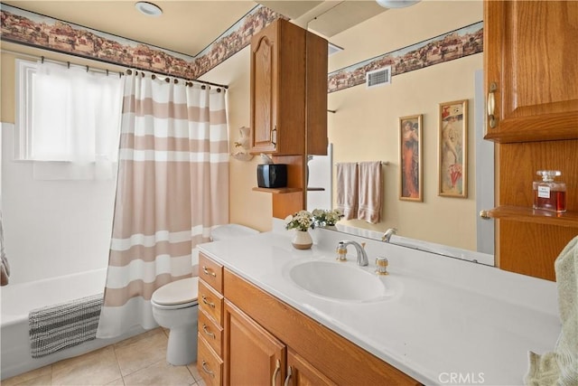 bathroom featuring toilet, shower / tub combo, tile patterned flooring, and visible vents