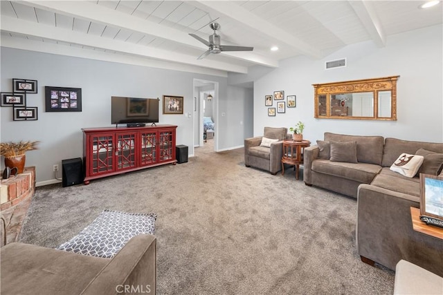 carpeted living area featuring recessed lighting, visible vents, a ceiling fan, beamed ceiling, and baseboards