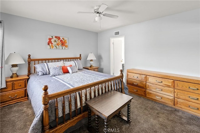 bedroom with ceiling fan, visible vents, and dark carpet