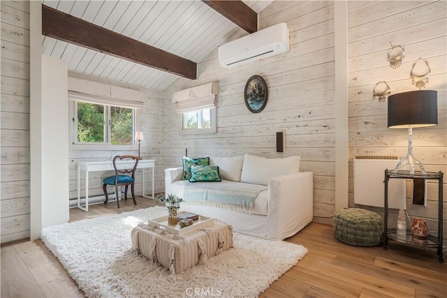 living area featuring lofted ceiling with beams, an AC wall unit, wooden walls, wood finished floors, and wooden ceiling