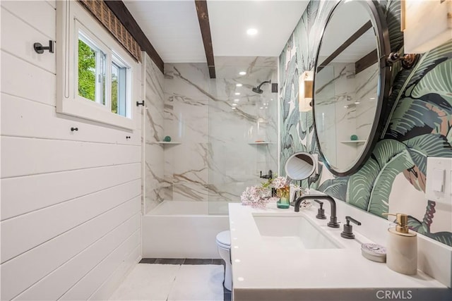 bathroom featuring washtub / shower combination, vanity, toilet, and recessed lighting