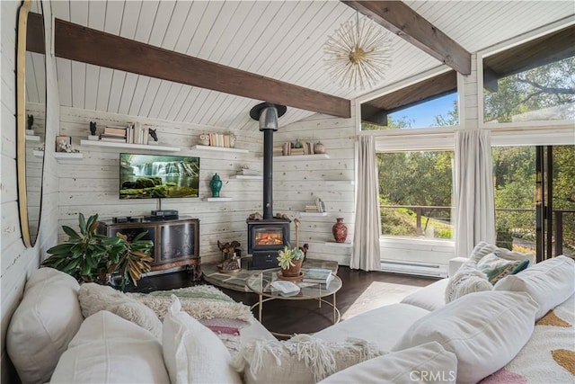 living room with lofted ceiling with beams, a baseboard radiator, wooden walls, wood finished floors, and a wood stove