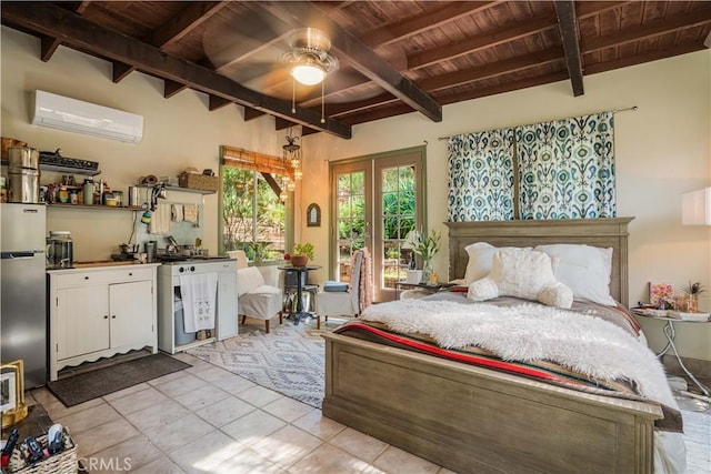 bedroom featuring light tile patterned floors, wooden ceiling, beamed ceiling, freestanding refrigerator, and an AC wall unit