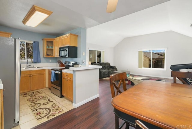 kitchen with vaulted ceiling, stainless steel appliances, a sink, and light countertops