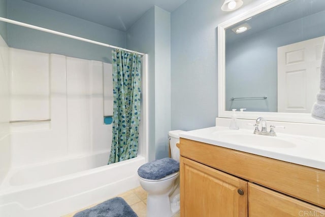 bathroom with shower / tub combo, vanity, toilet, and tile patterned floors