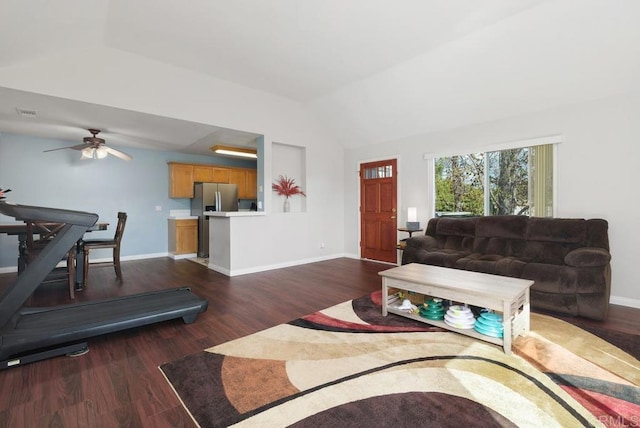 living room with vaulted ceiling, ceiling fan, dark wood finished floors, and baseboards