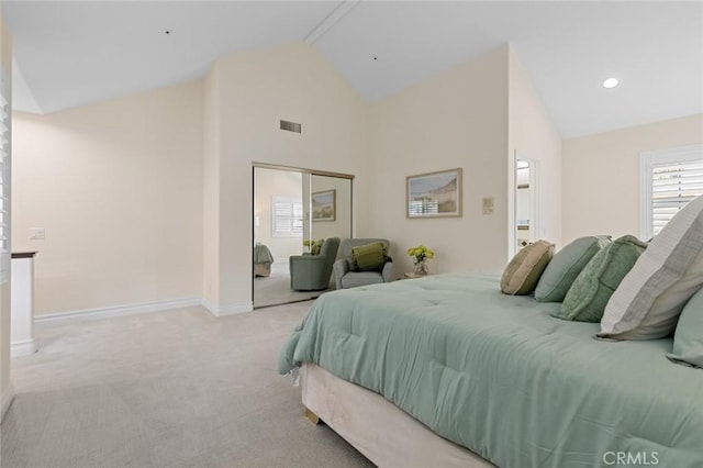 carpeted bedroom featuring visible vents, high vaulted ceiling, recessed lighting, a closet, and baseboards