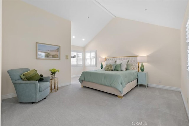 bedroom with carpet flooring, recessed lighting, high vaulted ceiling, and baseboards