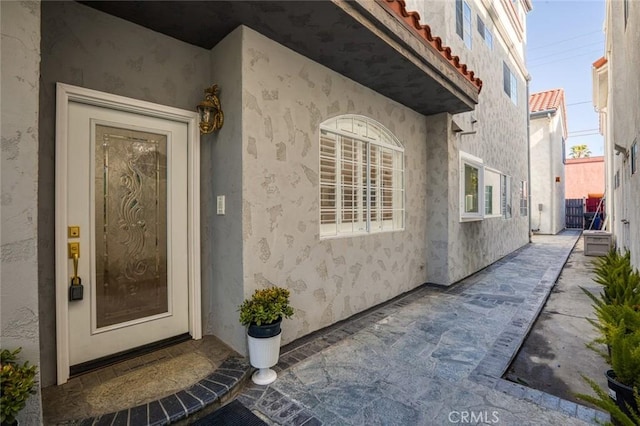 view of exterior entry with a patio area, stucco siding, and a tile roof