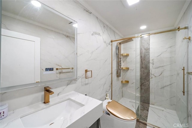 bathroom featuring toilet, a marble finish shower, vanity, ornamental molding, and recessed lighting