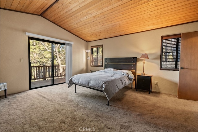 bedroom with carpet floors, access to exterior, wood ceiling, and vaulted ceiling