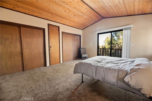 bedroom with lofted ceiling, wood ceiling, access to outside, carpet, and two closets