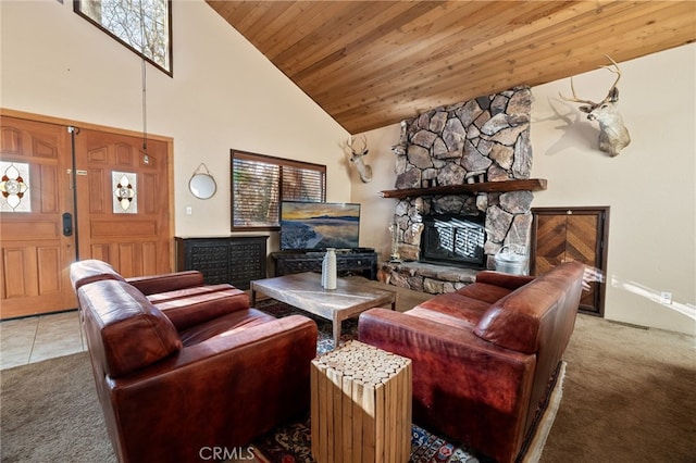 carpeted living area with high vaulted ceiling, wooden ceiling, a healthy amount of sunlight, and a stone fireplace