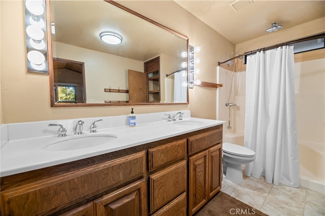 full bathroom with toilet, shower / tub combo, a sink, and visible vents