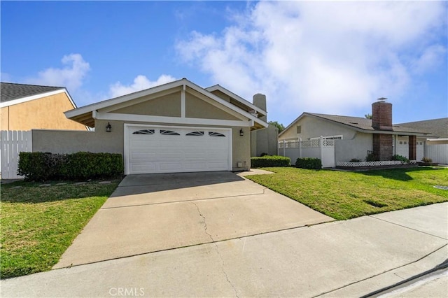 view of front of property featuring a garage, fence, driveway, stucco siding, and a front lawn