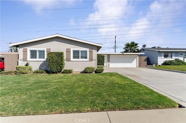 ranch-style house with a front lawn, a garage, and stucco siding