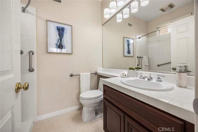 full bathroom with tile patterned floors, visible vents, toilet, and tiled shower