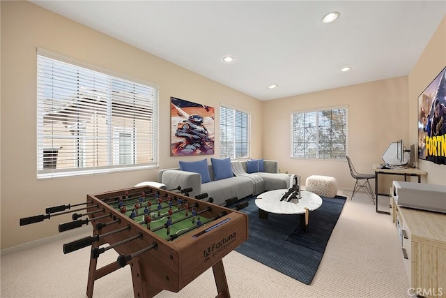 playroom with baseboards, carpet flooring, and recessed lighting