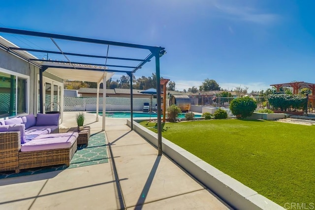 view of patio / terrace with a fenced in pool, fence, an outdoor living space, and a pergola