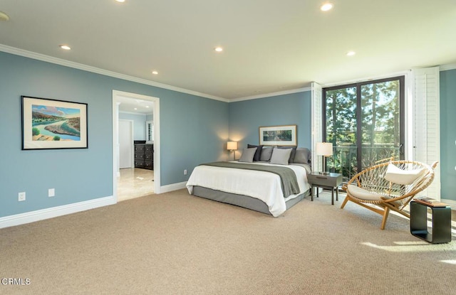 bedroom with recessed lighting, baseboards, carpet floors, and crown molding